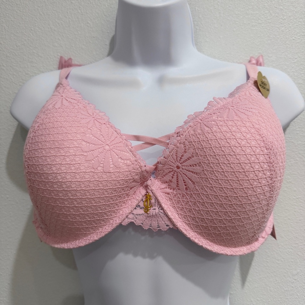Juicy Couture Pink Floral Lace Sexy Push Up Bra 40C Gold JC Charm Logo Straps